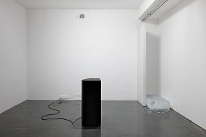Astali / Peirce ›conversation‹ - Lautsprecher, Eis Block, Polyester, synthetische Geräusche, gefundenes T-Shirt - 2013